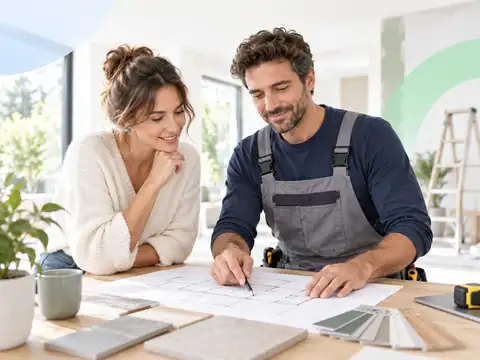Particulier et artisan en consultation autour de plans de rénovation